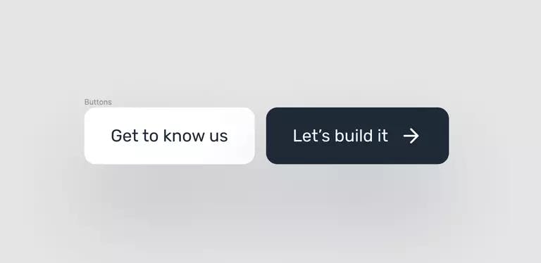 White button labeled 'Get to know us' and a black button labeled 'Let's build it - with arrow'. 