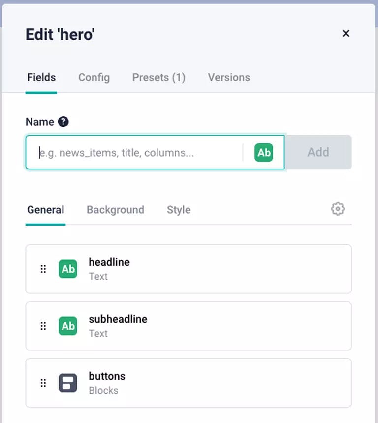 Storyblok block showing the editable fields within