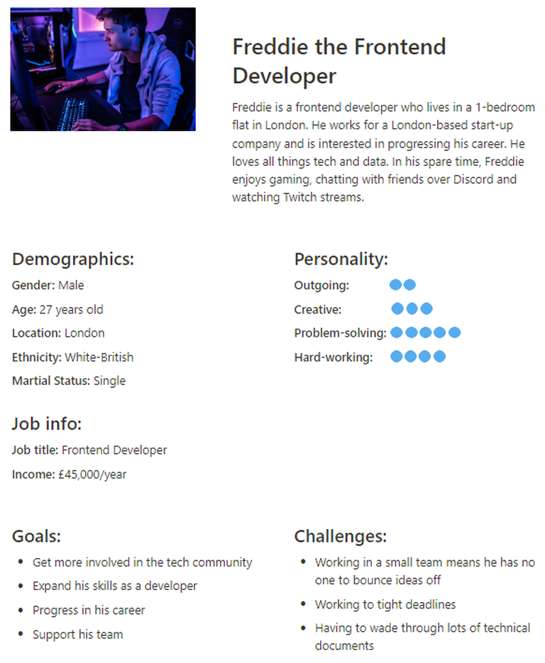 Information about demographics, personality, challenge and goals of a developer. 
