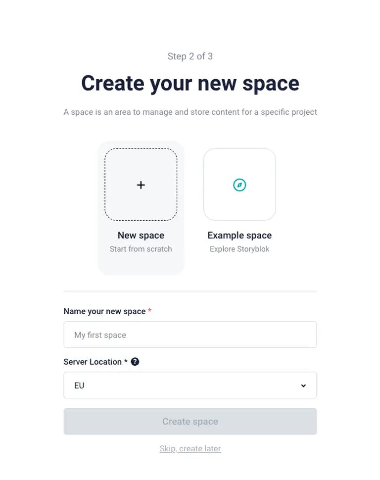 Storyblok create your new space page